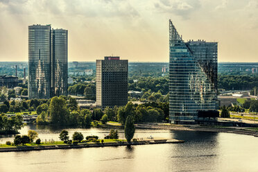 Latvia, Riga, view above Daugava River to Z-Towers and Saules Akmens skyscrapers - CST01315