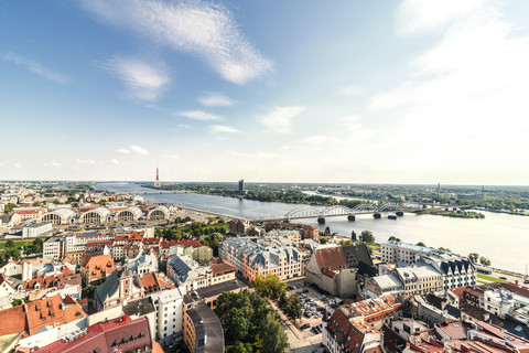 Latvia, Riga, cityscape with old town, and bridges over Daugava River stock photo