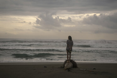 Indonesien, Java, Rückenansicht einer am Strand stehenden Frau in der Abenddämmerung - KNTF00652