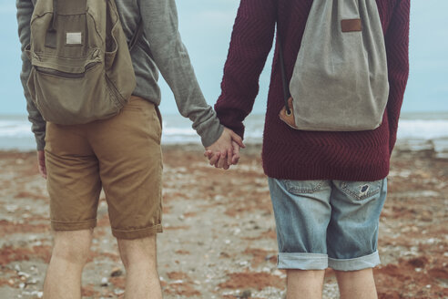 Rückenansicht eines jungen schwulen Paares, das sich am Strand die Hände hält - RTBF00722