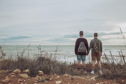 Rückenansicht eines jungen schwulen Paares mit Blick auf das Meer - RTBF00739