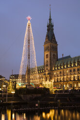 Deutschland, Hamburg, stählerner Weihnachtsbaum auf dem Markt vor dem beleuchteten Rathaus - WIF03401