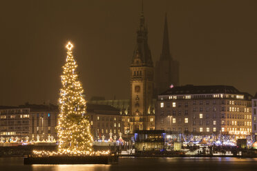Deutschland, Hamburg, Jungfernstieg, beleuchteter Weihnachtsbaum an der Binnenalster mit Rathaus im Hintergrund - WIF03404