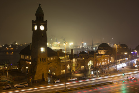 Germany, Hamburg, St. Pauli Landing Stages at night stock photo