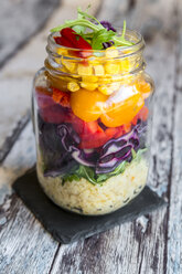 Glass of rainbow salad with bulgur, rocket and different vegetables - SARF03233