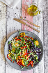 Plate of rainbow salad with bulgur, rocket and different vegetables - SARF03239