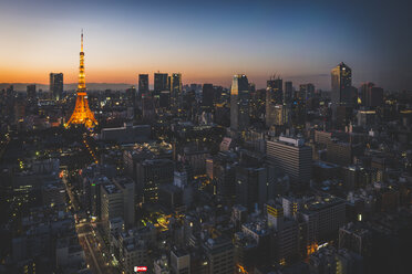 Japan, Tokio, Skyline mit beleuchtetem Tokyo Tower vom World Trade Center aus gesehen - KEBF00527