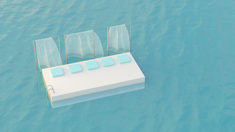 Plattform mit schwimmenden Kissen im Meer, 3d Rendering, lizenzfreies Stockfoto