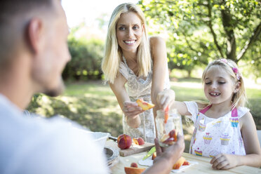 Happy family in garden preserving peaches - WESTF22779