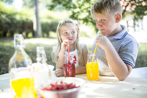 Sister and brother drinking homemade lemonade at garden table - WESTF22808