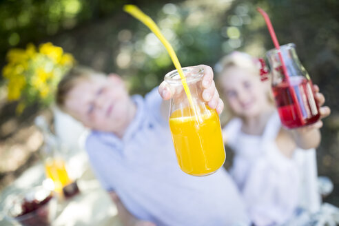 Schwester und Bruder halten Gläser mit selbstgemachter Limonade im Freien - WESTF22812