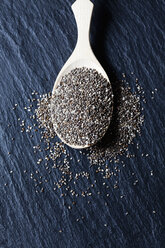 Wooden spoon of black chia seeds on slate - CSF28016