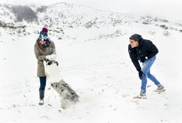 Junges Paar spielt mit seinem Hund im Schnee - MGOF03034