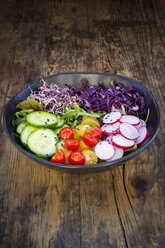 Mittagsschüssel mit Bio-Blattsalat, Rotkohl, Tomaten, Gurken und Radieschensprossen - LVF05938