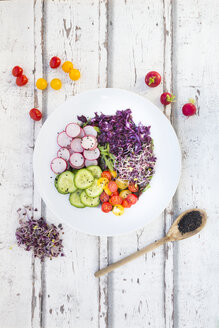 Teller mit Bio-Blattsalat, Rotkohl, Tomaten, Gurken und Radieschensprossen - LVF05942