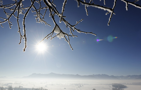 Deutschland, Pfaffenwinkel, Winterlandschaft im Morgennebel von der Aidlinger Höhe aus gesehen, lizenzfreies Stockfoto