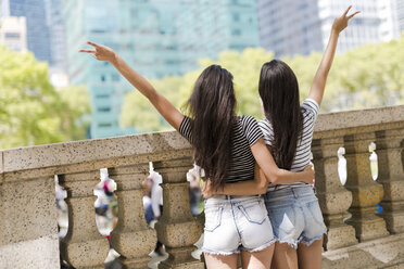 USA, New York City, Rückenansicht von zwei jungen Frauen in Manhattan, die sich amüsieren - GIOF02209