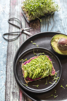 Brotscheibe mit Rote-Bete-Hummus, Avocado- und Kressescheiben - SARF03257