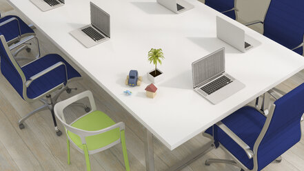 Conference table with laptops and family and vacation items, 3d rendering - UWF01147