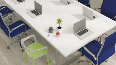 Konferenztisch mit Laptops und Familien- und Urlaubsartikeln, 3d-Rendering - UWF01147