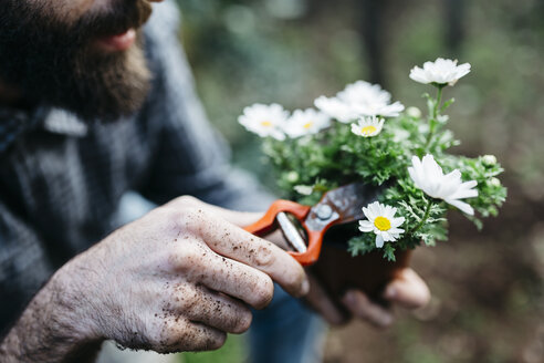 Mann beschneidet Blume in seinem Garten - JRFF01265