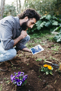 Mann fotografiert mit einer Blumentafel, die im Garten gepflanzt wurde - JRFF01282