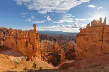 USA, Utah, Bryce Canyon National Park, Thors Hammer und andere Hoodoos im Amphitheater bei Sonnenaufgang, gesehen vom Navajo Loop Trail - FOF09025