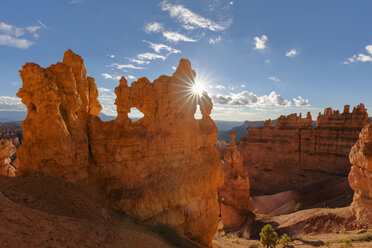 USA, Utah, Bryce Canyon National Park, Thors Hammer und andere Hoodoos im Amphitheater bei Sonnenaufgang, gesehen vom Navajo Loop Trail - FOF09028