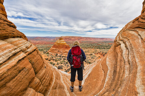 USA, Arizona, Page, Paria Canyon, Vermillion Cliffs Wilderness, Coyote Buttes, tourist enjoying the view on red stone pyramids and buttes - FOF09065