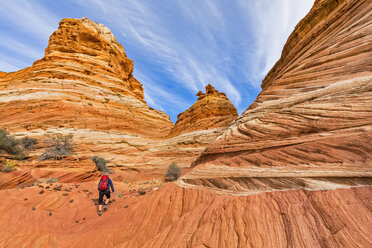 USA, Arizona, Page, Paria Canyon, Vermillion Cliffs Wilderness, Coyote Buttes, tourist hiking at red stone pyramids and buttes - FOF09068