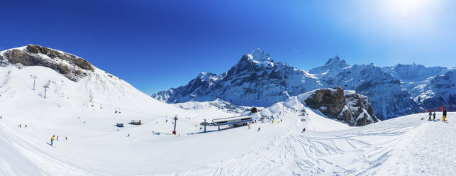 Switzerland, Canton of Bern, Grindelwald, view from First to Schreckhorn and Wetterhorn and ski slope - AMF05351