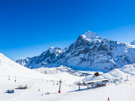 Switzerland, Canton of Bern, Grindelwald, view from First to Schreckhorn and Wetterhorn and ski slope - AMF05352