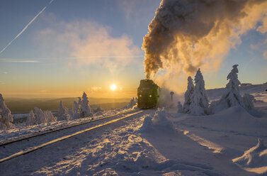 Germany, Saxony-Anhalt, Harz National Park, Brocken Railway at winter evening - PVCF01036
