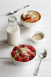 Bowl of porridge with raspberries and bowl of porridge with apples - EVGF03129