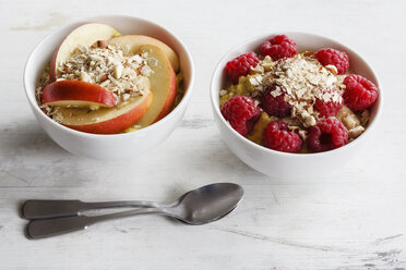 Bowl of porridge with raspberries and bowl of porridge with apples - EVGF03132