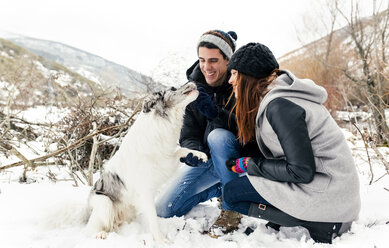 Junges Paar hat Spaß mit seinem Hund im Schnee - MGOF03081