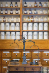 Germany, Radolfzell, old scale in the salesroom of historical pharmacy at municipal museum - SHF01957