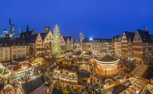 Germany, Frankfurt, Christmas market at Roemerberg in the evening seen from above - PVCF01051