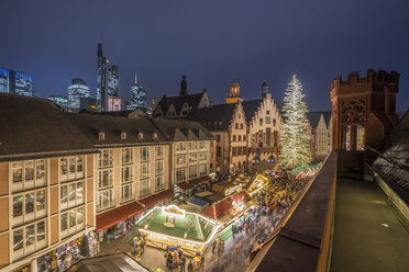 Germany, Frankfurt, Christmas market at Roemerberg in the evening seen from above - PVC01052