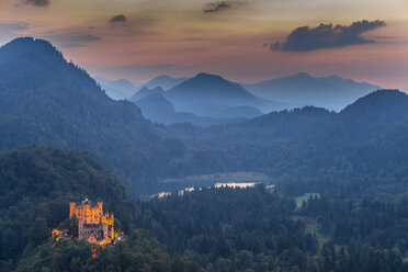 Germany, Bavaria, Allgaeu, Hohenschwangau Castle and Lake Alpsee at sunset - WGF01063