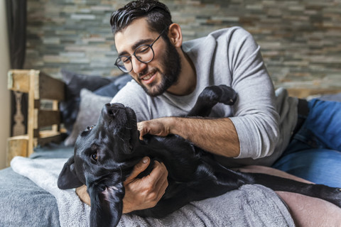 Smiling man stroking his dog on the couch at home stock photo