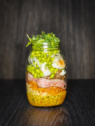 Salad in a jar with steak , boiled eggs, green beans and durum wheat - KSWF01796