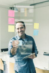 Smiling businessman with tablet and adhesive notes in office - UUF10258