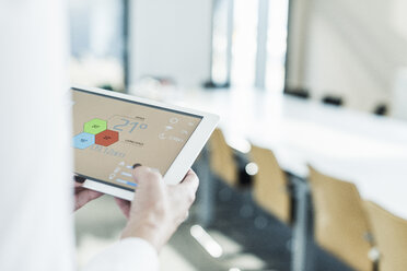 Businesswoman in conference room using tablet with weather data - UUF10303