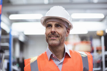 Portrait of man in factory hall wearing safety vest and hard hat - DIGF01609