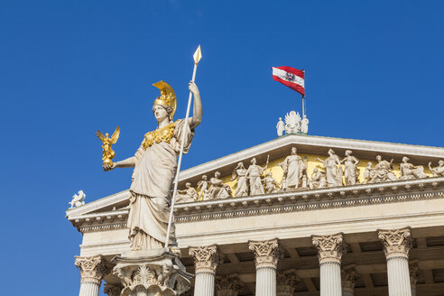 Austria, Vienna, parliament, Statue Pallas Athene, Austrian flag - WDF03929