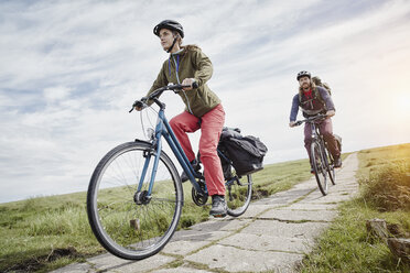 Germany, Schleswig-Holstein, Eiderstedt, couple riding bicycle through salt marsh - RORF00734