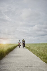Deutschland, Schleswig-Holstein, Eiderstedt, Paar fährt mit dem Fahrrad auf einem Weg durch Salzwiesen - RORF00748