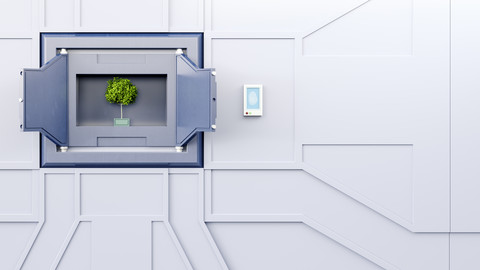 Offener Tresor mit Baum in einer Wand, 3D-Rendering, lizenzfreies Stockfoto