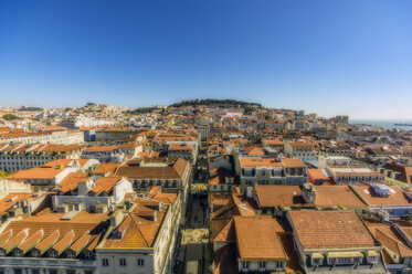 Portugal, Lisbon, cityscape as seen from Elevador de Santa Justa with Castelo de Sao Jorge in background - THAF01929